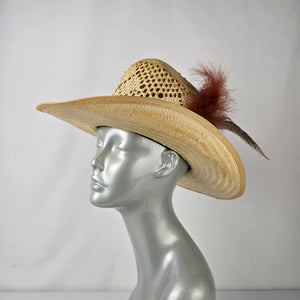 Straw Western Cowboy Hat Feather Trim Open Weave Wide Brim Size 7