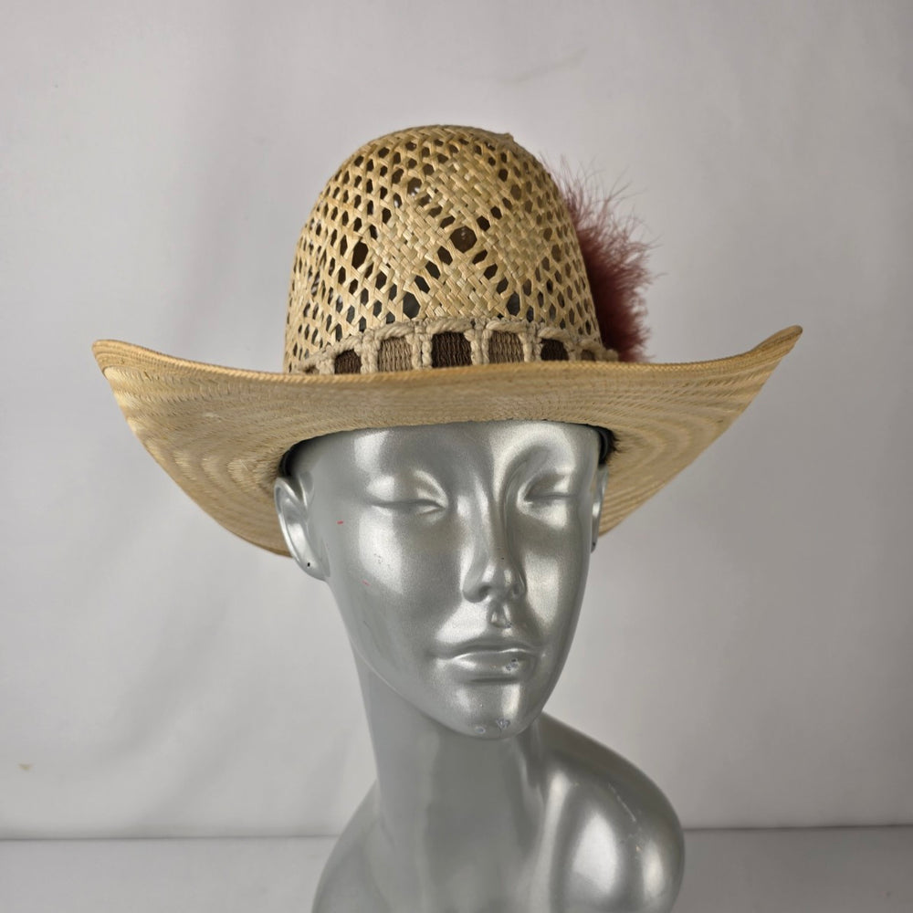 Straw Western Cowboy Hat Feather Trim Open Weave Wide Brim Size 7
