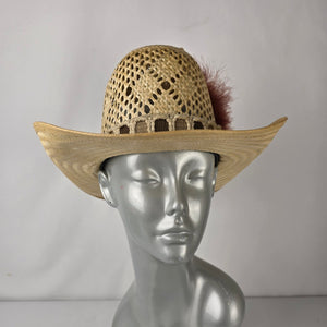 Straw Western Cowboy Hat Feather Trim Open Weave Wide Brim Size 7
