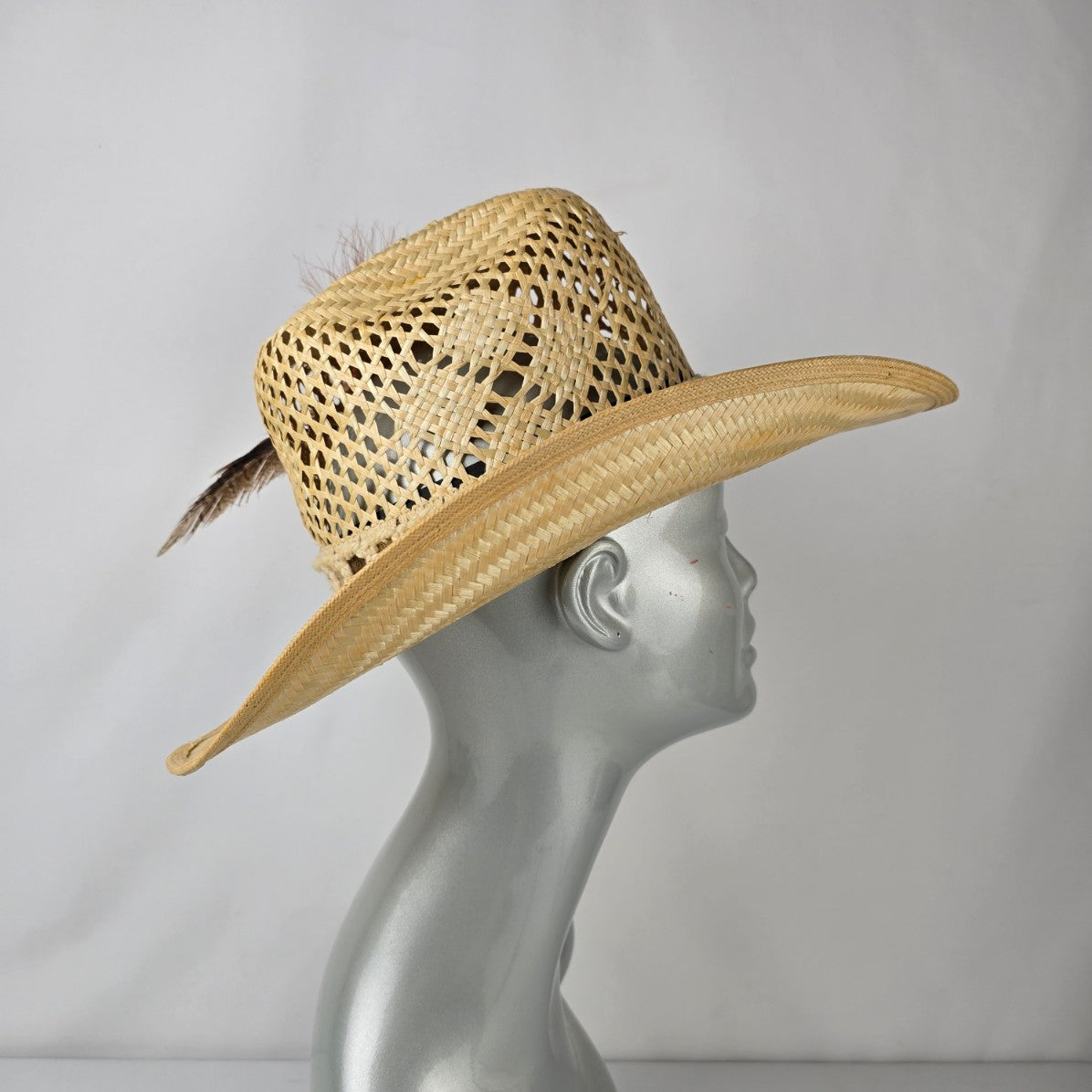 Straw Western Cowboy Hat Feather Trim Open Weave Wide Brim Size 7