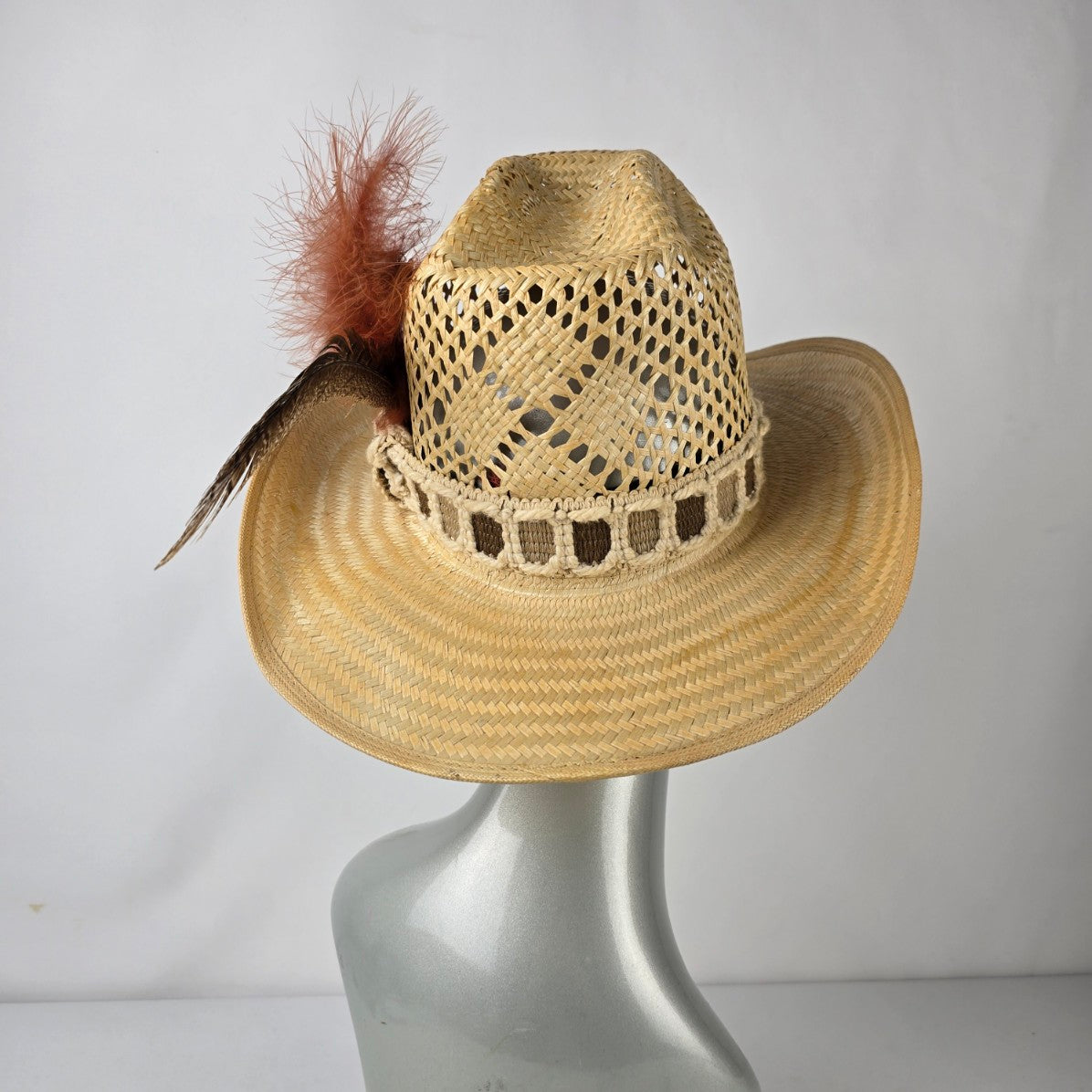 Straw Western Cowboy Hat Feather Trim Open Weave Wide Brim Size 7