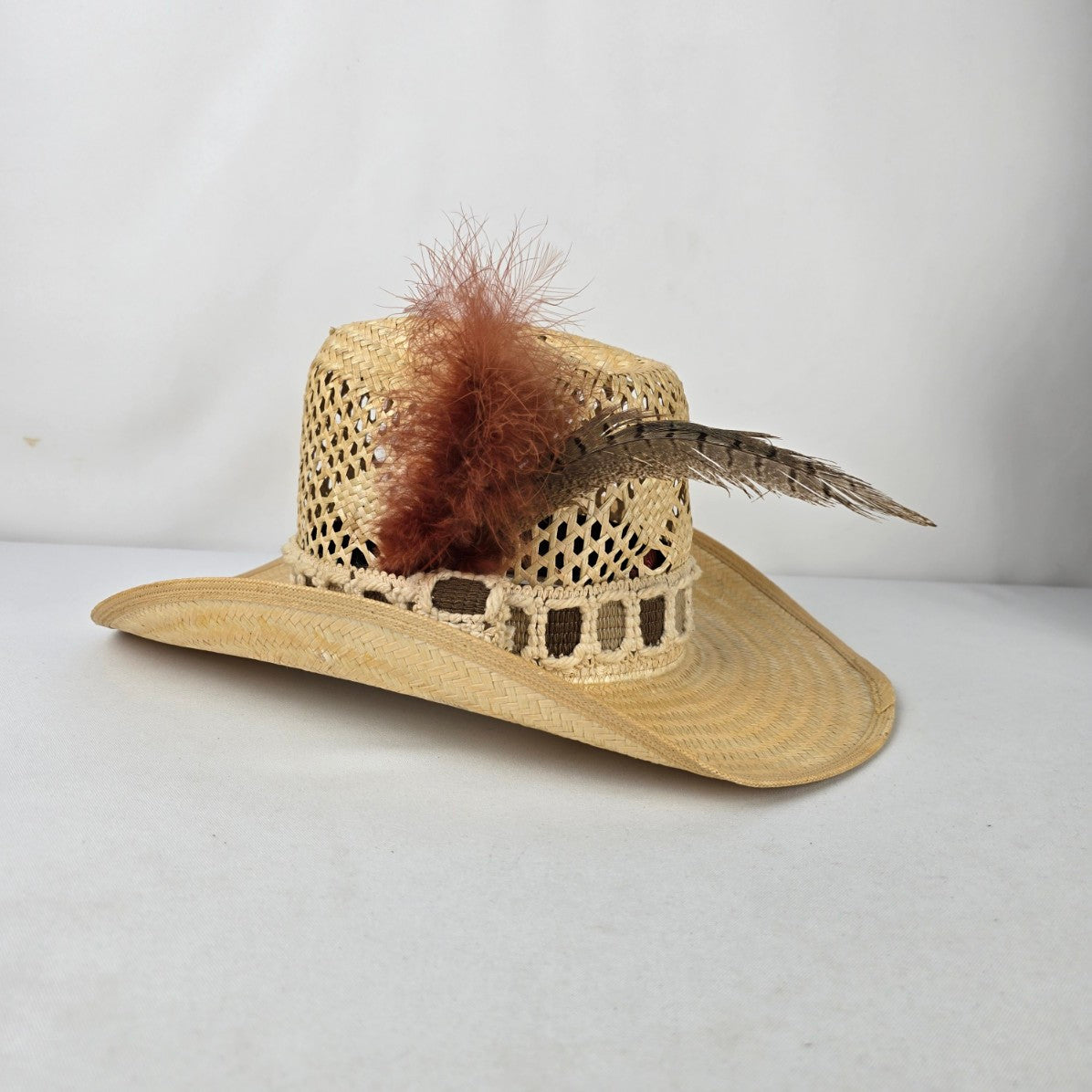 Straw Western Cowboy Hat Feather Trim Open Weave Wide Brim Size 7