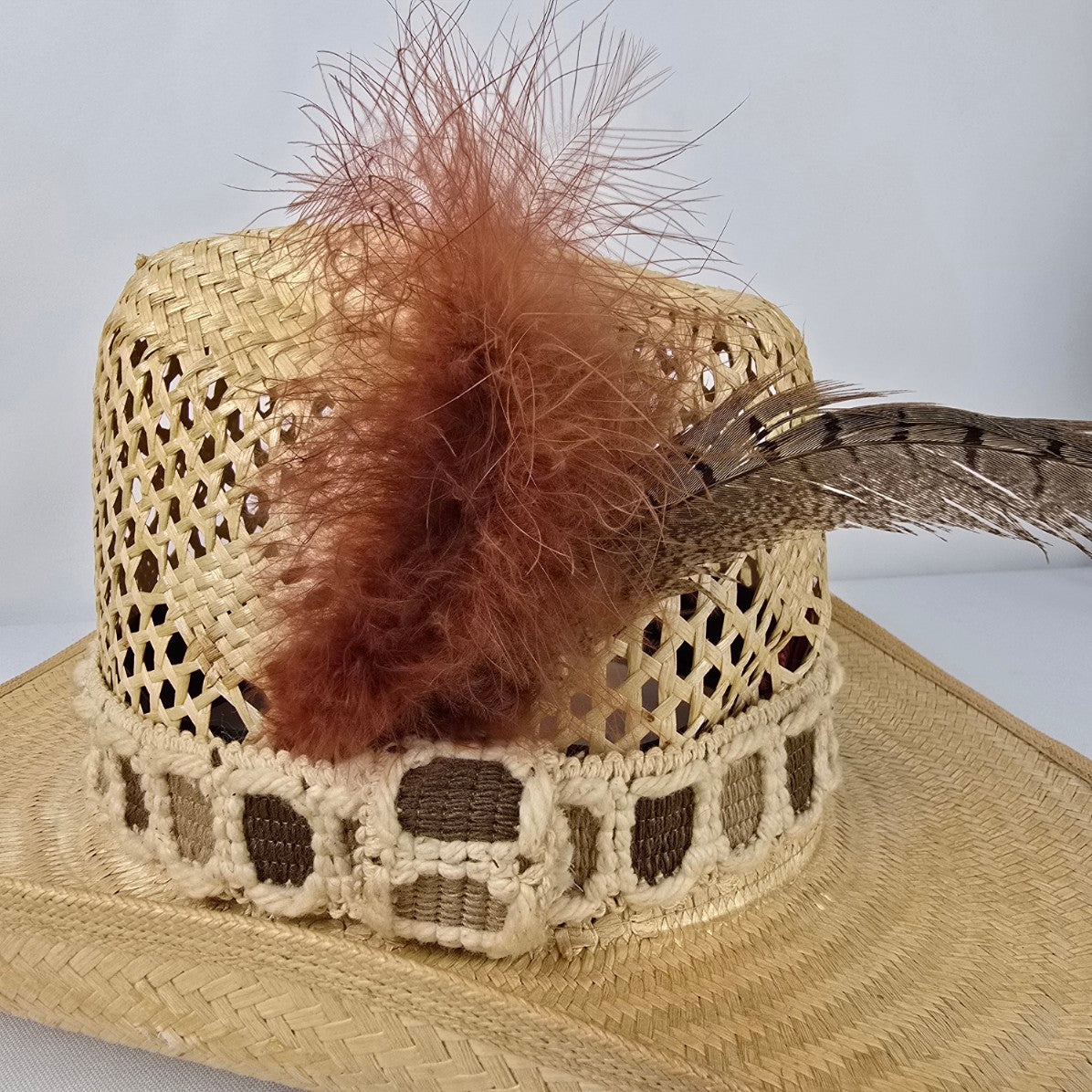 Straw Western Cowboy Hat Feather Trim Open Weave Wide Brim Size 7