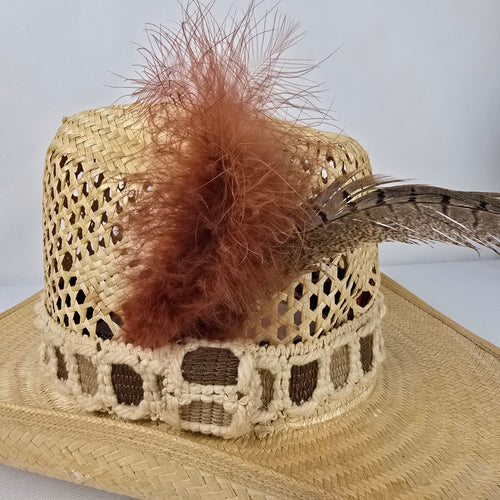 Straw Western Cowboy Hat Feather Trim Open Weave Wide Brim Size 7
