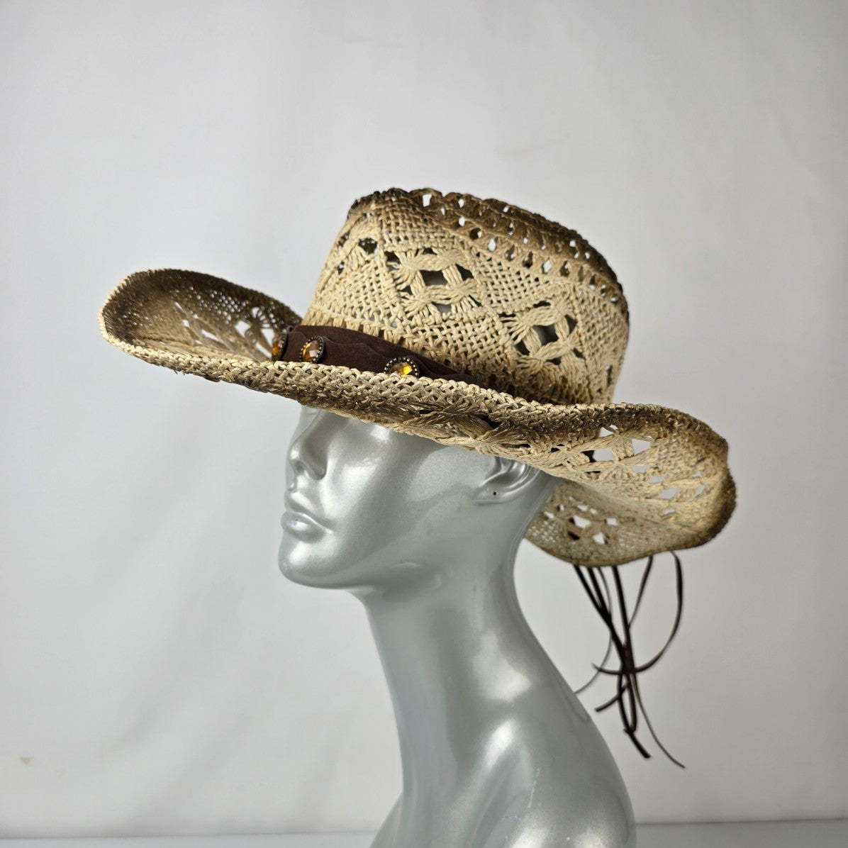 Dallas Hats Straw Western Cowboy Hat Open Weave Rhinestone Band Size Medium