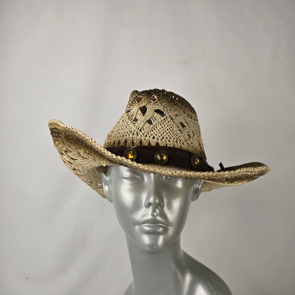 Dallas Hats Straw Western Cowboy Hat Open Weave Rhinestone Band Size Medium