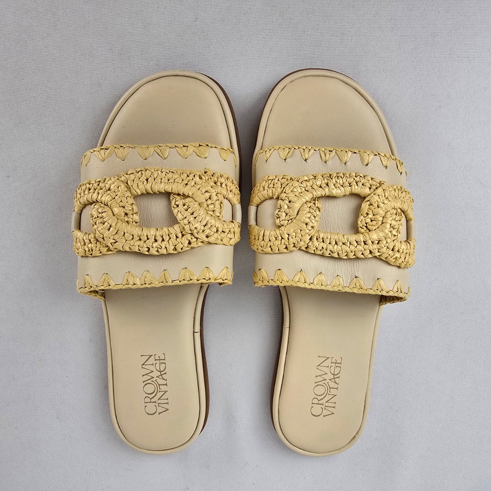 Crown Vintage Cream Slide Sandals Raffia Buckle Detail Size 6