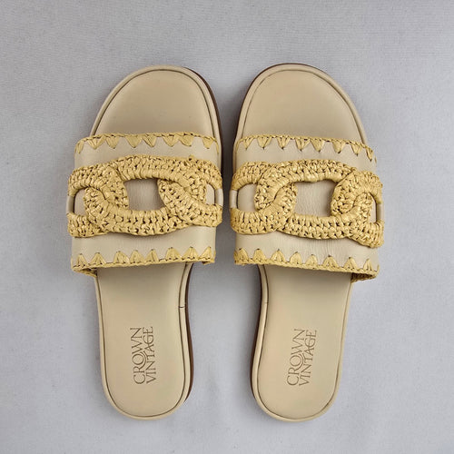 Crown Vintage Cream Slide Sandals Raffia Buckle Detail Size 6