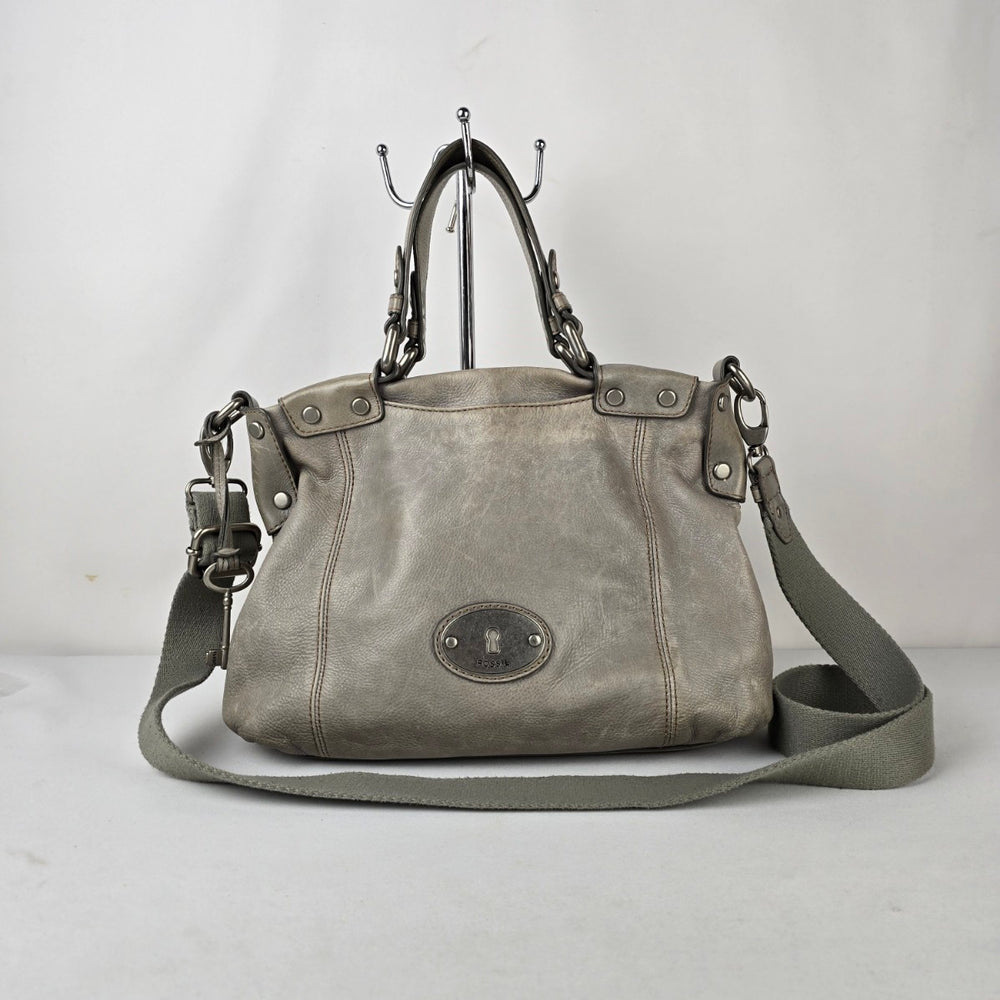 Fossil Grey Leather Satchel Bag Convertible Crossbody Shoulder Purse