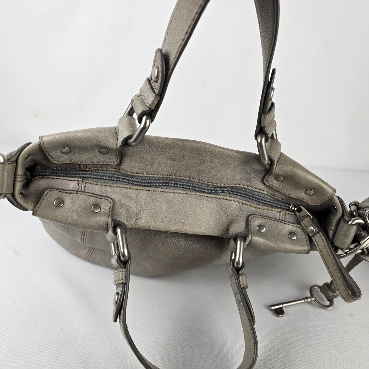 Fossil Grey Leather Satchel Bag Convertible Crossbody Shoulder Purse