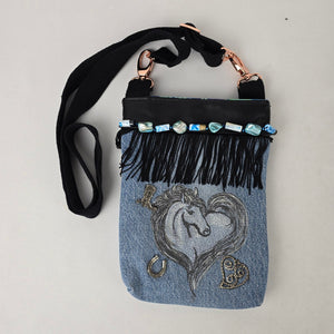 Denim Horse Crossbody Bag Western Fringe Beaded Small Purse