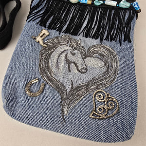 Denim Horse Crossbody Bag Western Fringe Beaded Small Purse