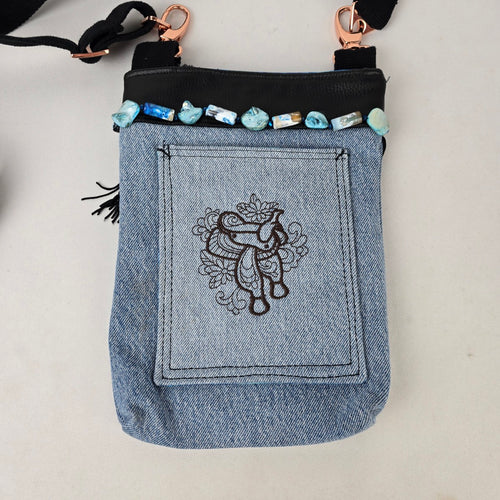 Denim Horse Crossbody Bag Western Fringe Beaded Small Purse