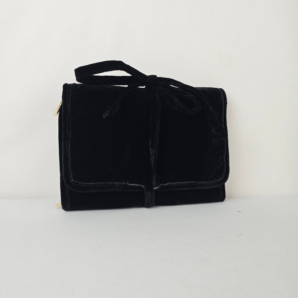 Black Velvet Travel Jewelry Organizer Roll Case Necklace Ring Storage Bag