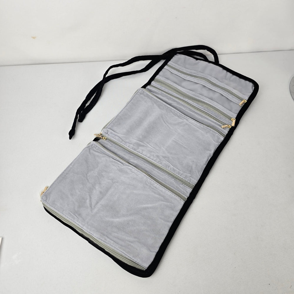 Black Velvet Travel Jewelry Organizer Roll Case Necklace Ring Storage Bag