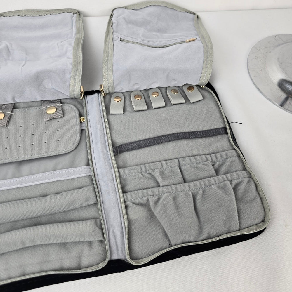 Black Velvet Travel Jewelry Organizer Roll Case Necklace Ring Storage Bag