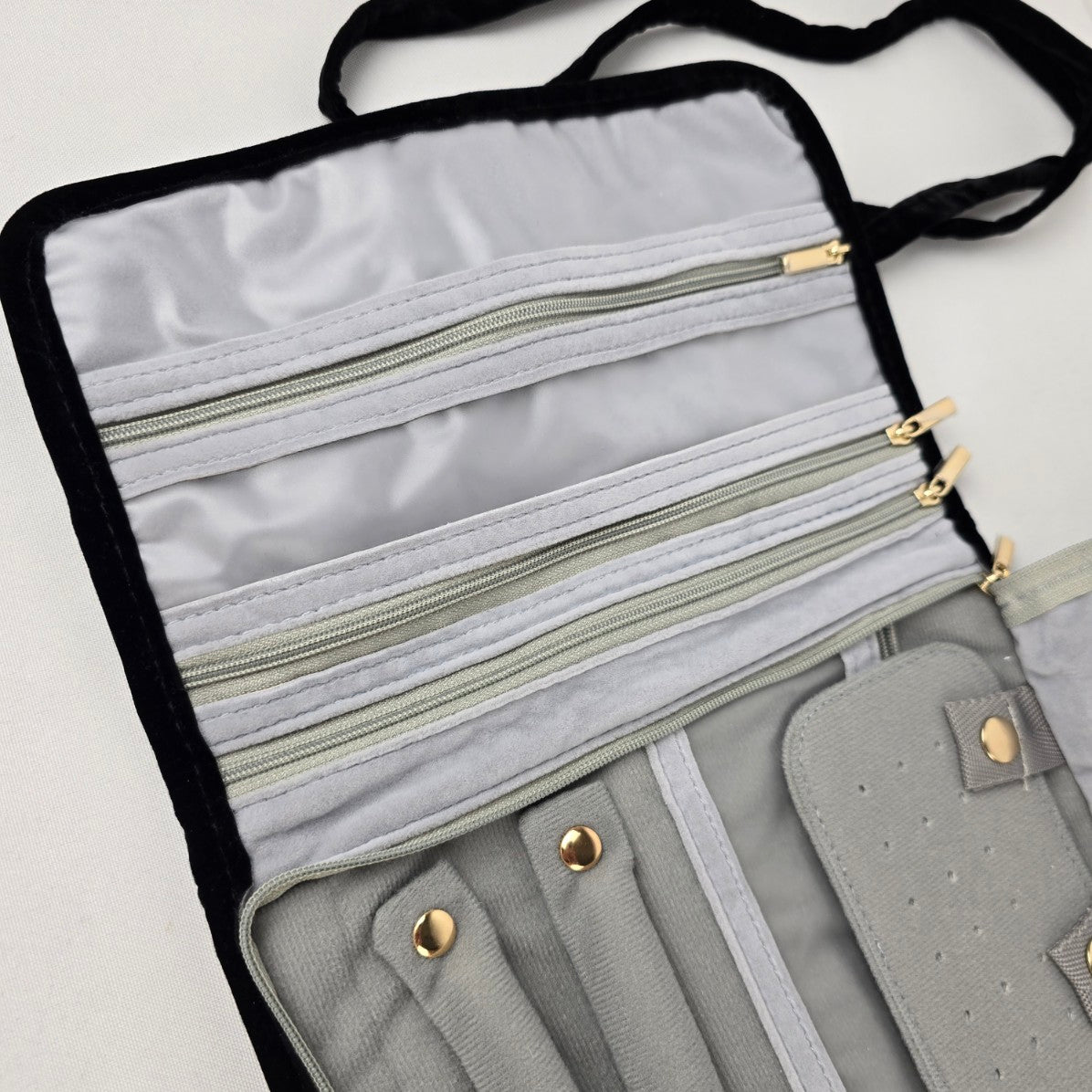 Black Velvet Travel Jewelry Organizer Roll Case Necklace Ring Storage Bag