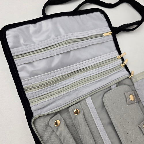 Black Velvet Travel Jewelry Organizer Roll Case Necklace Ring Storage Bag
