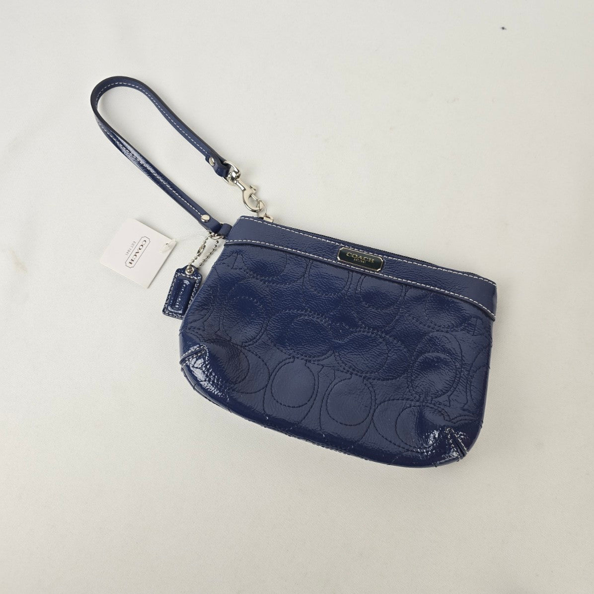 Coach Navy Patent Signature C Wristlet Pouch With Tags