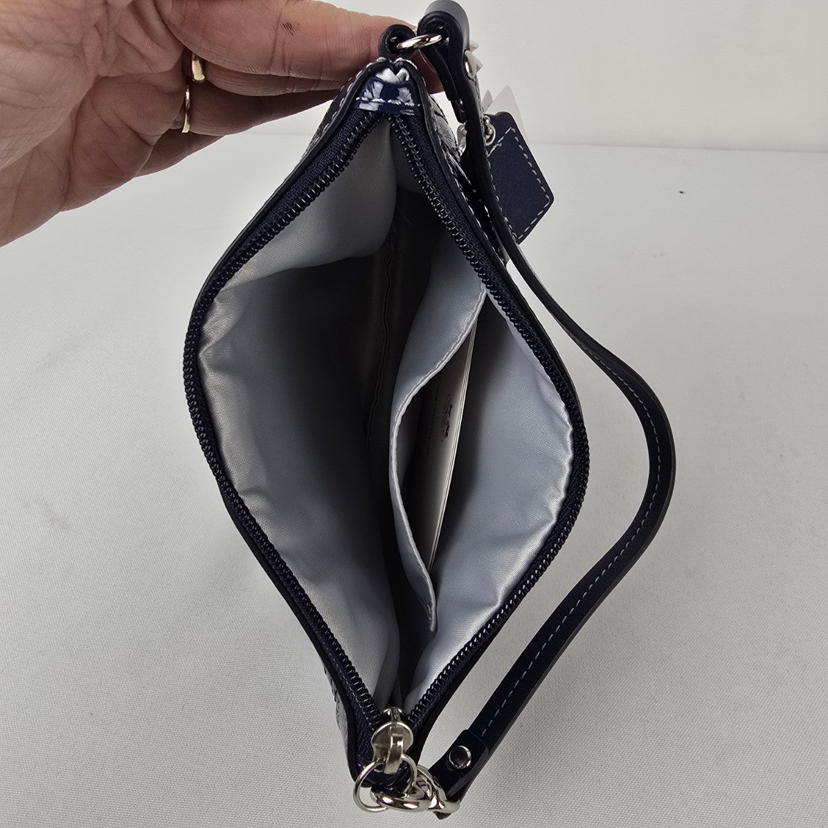 Coach Navy Patent Signature C Wristlet Pouch With Tags