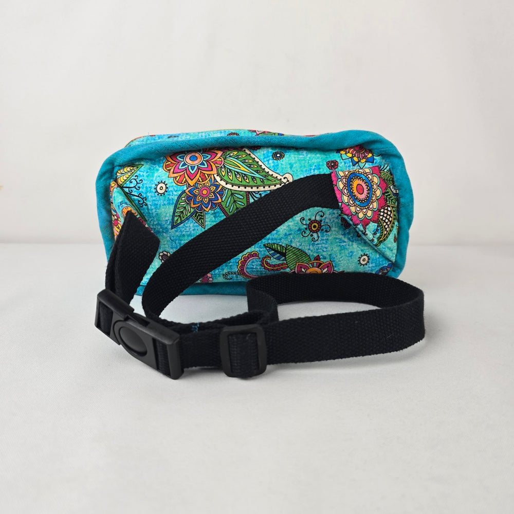 Handmade Turquoise Floral Fabric Fanny Pack Belt Bag Adjustable