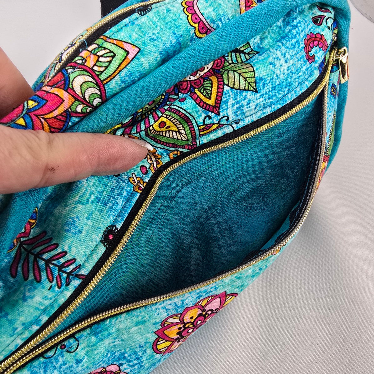 Handmade Turquoise Floral Fabric Fanny Pack Belt Bag Adjustable