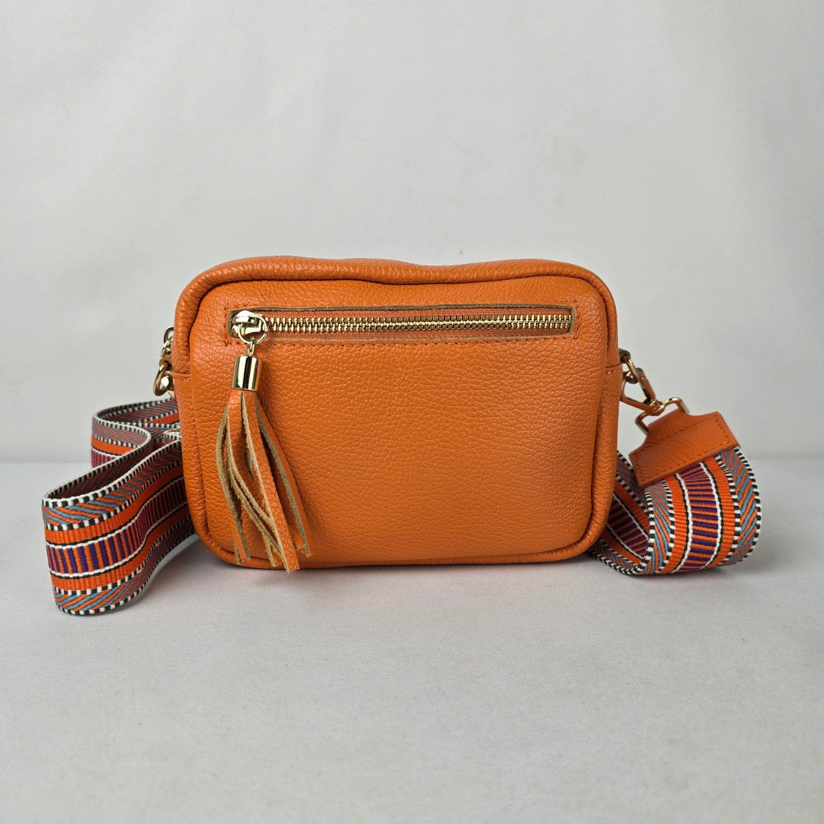 Made in Italy Orange Leather Crossbody Purse Guitar Strap Bag