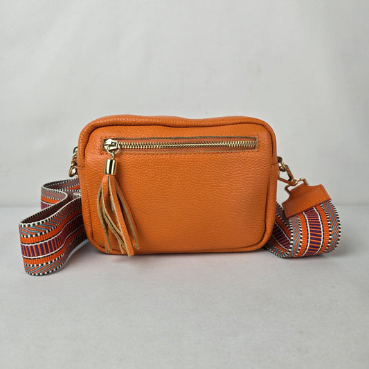 Made in Italy Orange Leather Crossbody Purse Guitar Strap Bag