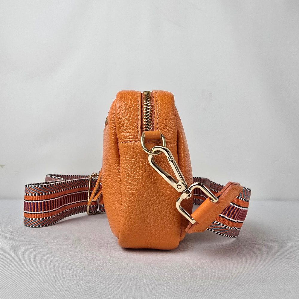 Made in Italy Orange Leather Crossbody Purse Guitar Strap Bag