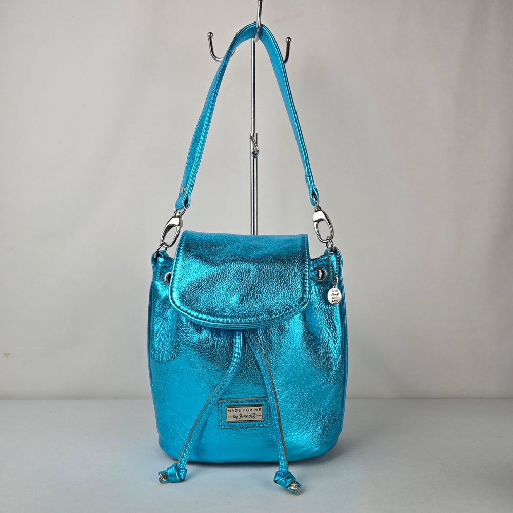 Made For Me by Brand B Metallic Turquoise Leather Drawstring Bag Purse Handmade