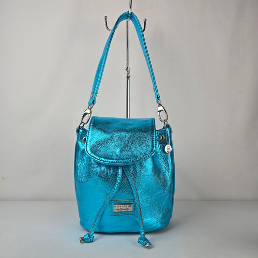 Made For Me by Brand B Metallic Turquoise Leather Drawstring Bag Purse Handmade