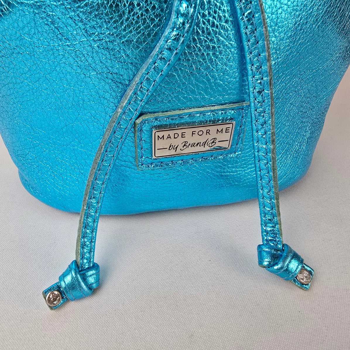Made For Me by Brand B Metallic Turquoise Leather Drawstring Bag Purse Handmade