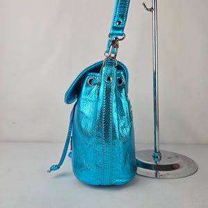 Made For Me by Brand B Metallic Turquoise Leather Drawstring Bag Purse Handmade