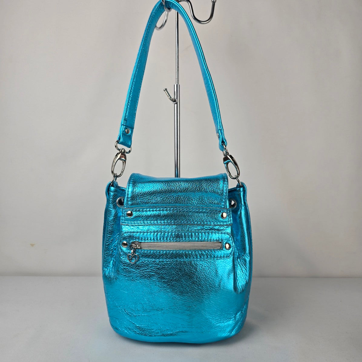 Made For Me by Brand B Metallic Turquoise Leather Drawstring Bag Purse Handmade