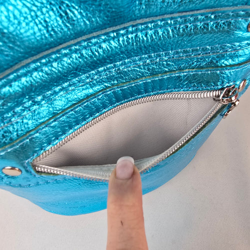 Made For Me by Brand B Metallic Turquoise Leather Drawstring Bag Purse Handmade