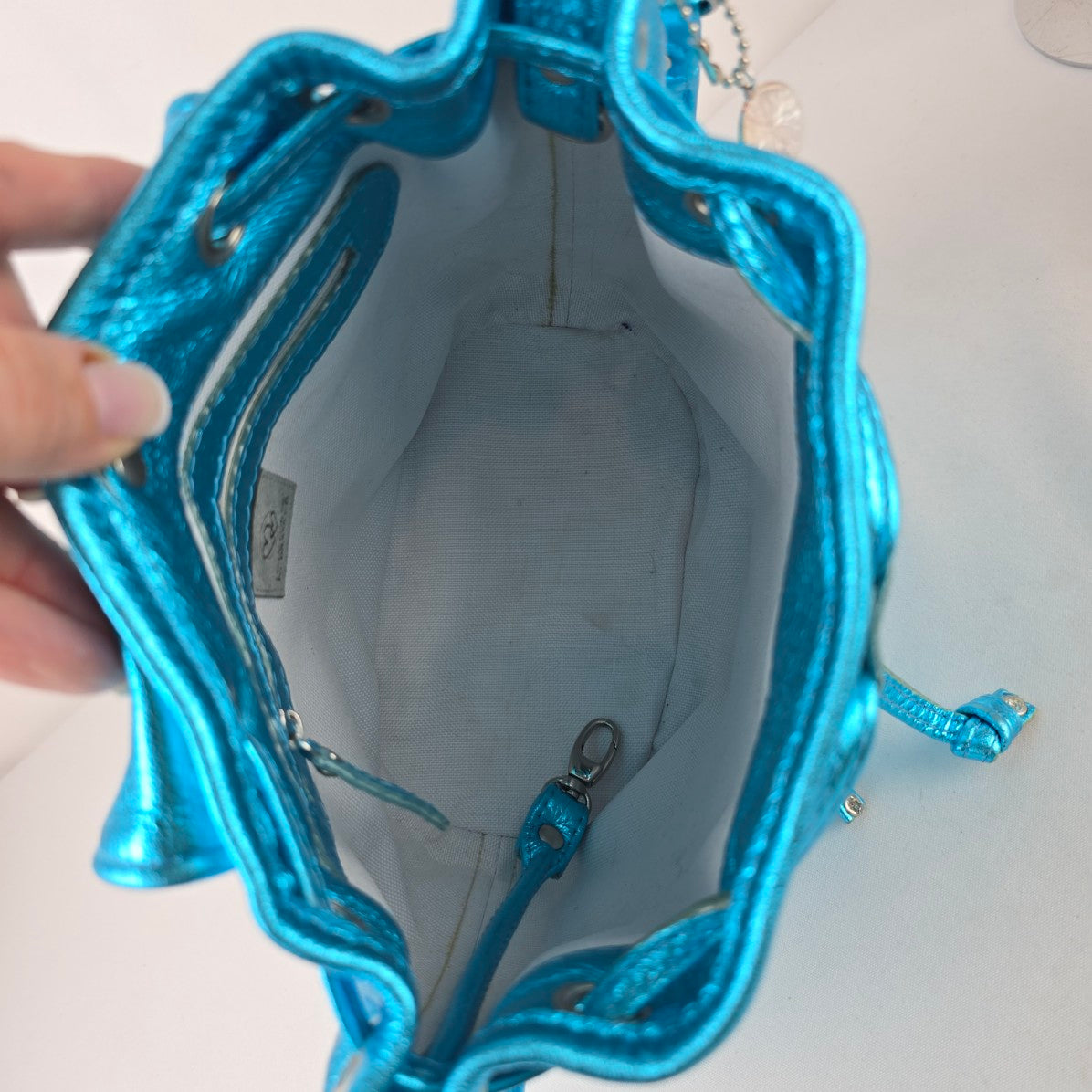 Made For Me by Brand B Metallic Turquoise Leather Drawstring Bag Purse Handmade