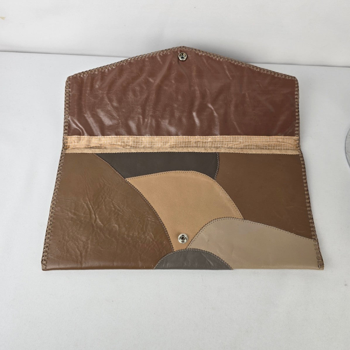 Vintage Patchwork Leather Envelope Clutch Wallet Brown Tan