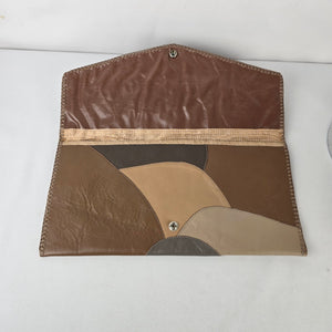 Vintage Patchwork Leather Envelope Clutch Wallet Brown Tan