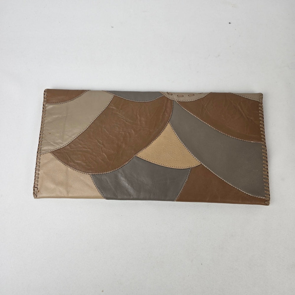 Vintage Patchwork Leather Envelope Clutch Wallet Brown Tan