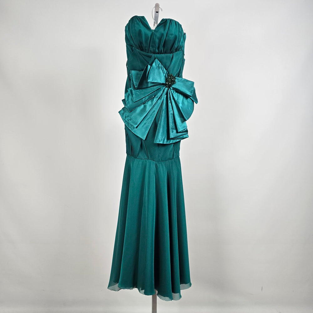 Vintage Teal Strapless Cocktail Event Dress With Oversized Bow Detail Size XS