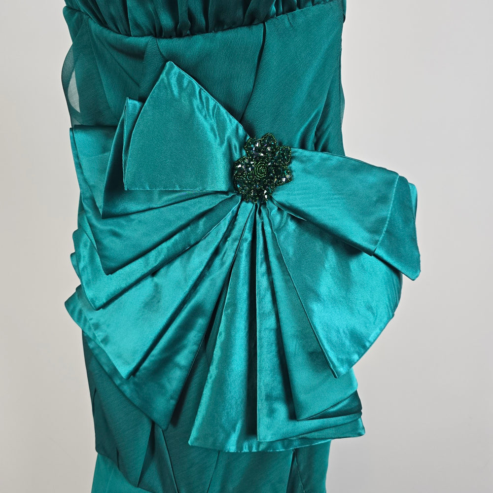Vintage Teal Strapless Cocktail Event Dress With Oversized Bow Detail Size XS