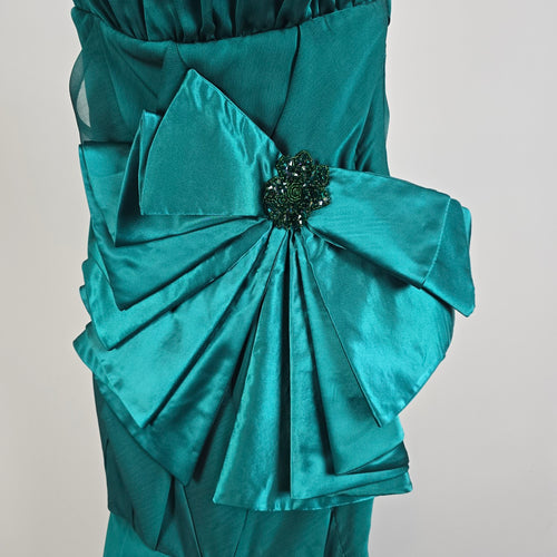Vintage Teal Strapless Cocktail Event Dress With Oversized Bow Detail Size XS
