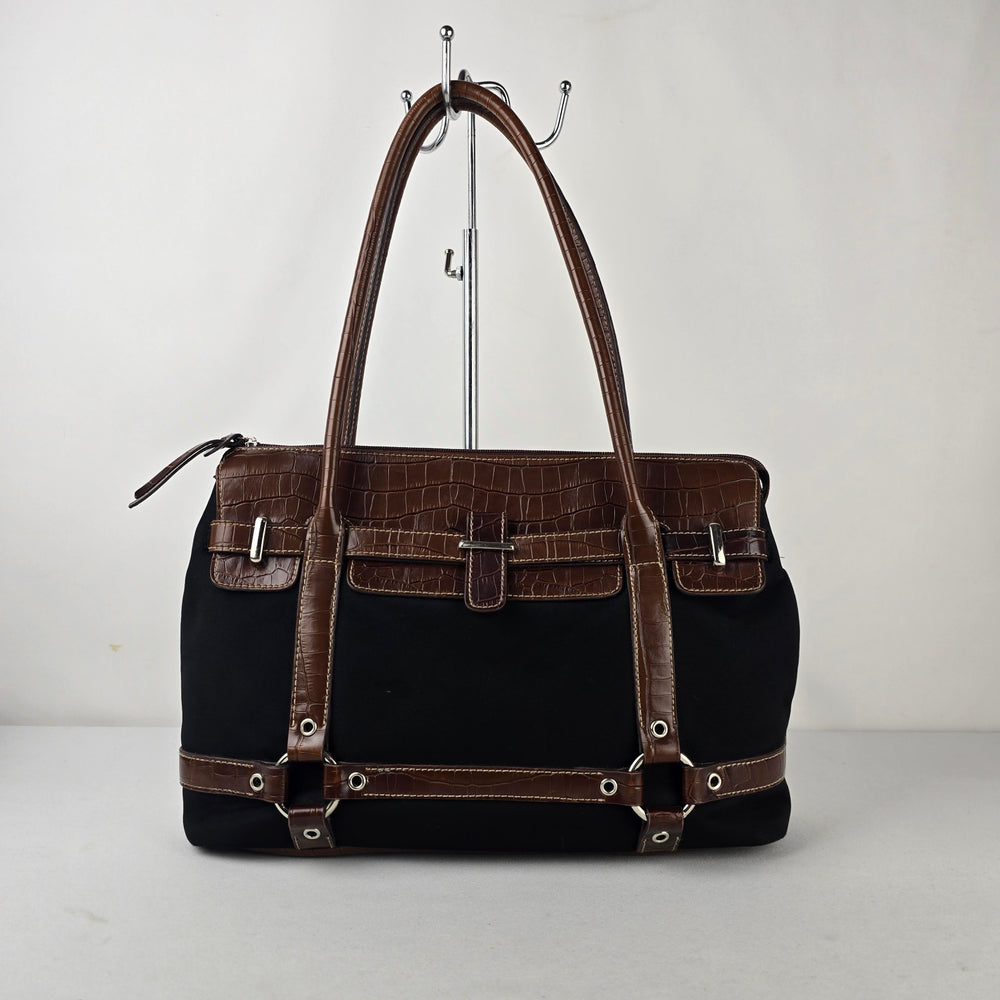 Liz Claiborne America Black Canvas Brown Croc Embossed Shoulder Satchel Bag