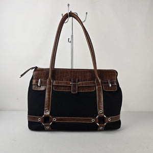 Liz Claiborne America Black Canvas Brown Croc Embossed Shoulder Satchel Bag