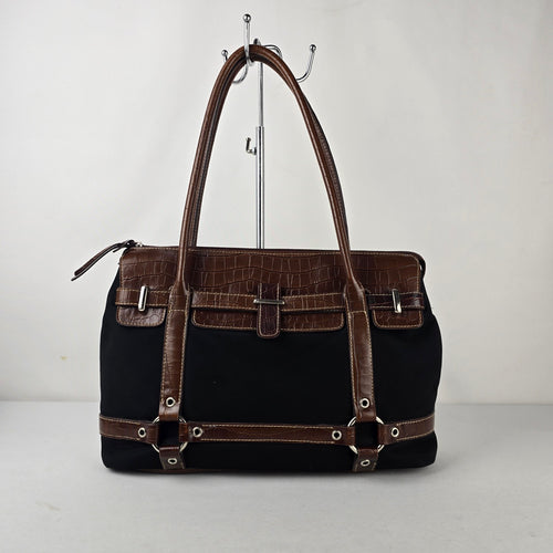 Liz Claiborne America Black Canvas Brown Croc Embossed Shoulder Satchel Bag