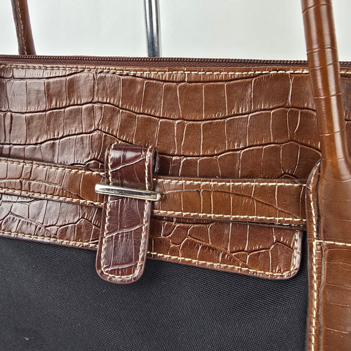 Liz Claiborne America Black Canvas Brown Croc Embossed Shoulder Satchel Bag