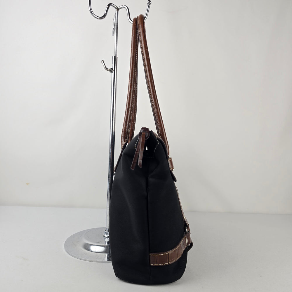 Liz Claiborne America Black Canvas Brown Croc Embossed Shoulder Satchel Bag