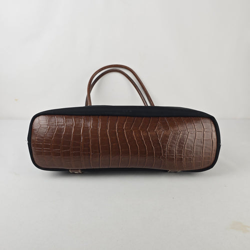 Liz Claiborne America Black Canvas Brown Croc Embossed Shoulder Satchel Bag