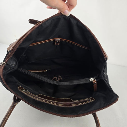 Liz Claiborne America Black Canvas Brown Croc Embossed Shoulder Satchel Bag