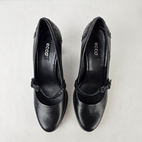 ECCO Black Leather Mary Jane Block Heel Pumps 39